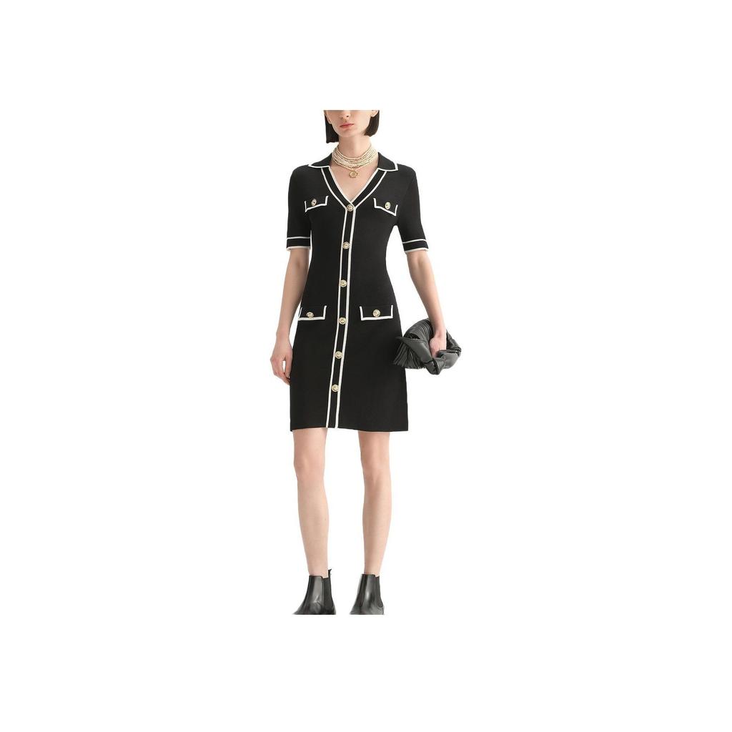 Karl Lagerfeld Elegant V-Neck Button-Up Short Sleeve Dress Women Dress Black E33L1363