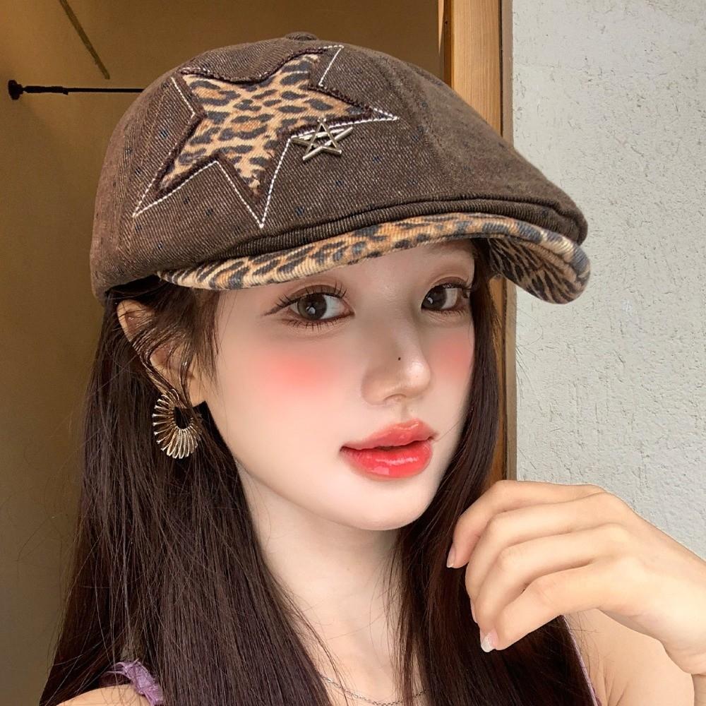 Leopard Denim Beret Hat Star Rivet Baseball Hat New Newsboy Cap  Y2K