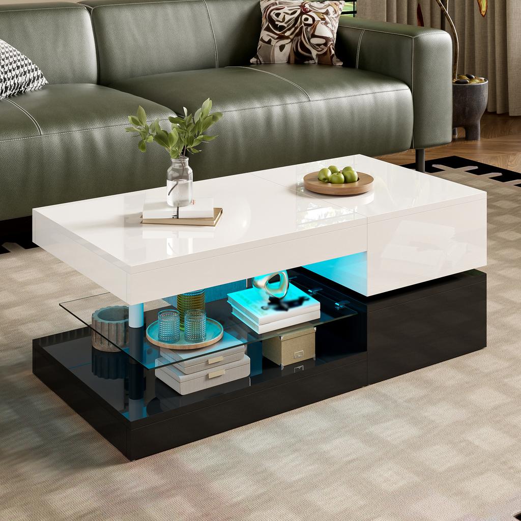 Moderner Couchtisch mit LED-Umgebungsbeleuchtung, APP- und Bluetooth-Steuerung, Glasablage & Hochglanzoberfläche, schwarz-weißes Design, 90x45x35,5 cm