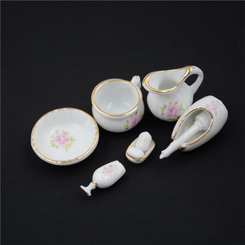 8Pcs 1/12 Miniature Dollhouse Bathroom Accessories Set Floral Ceramic Mini Decor Gift