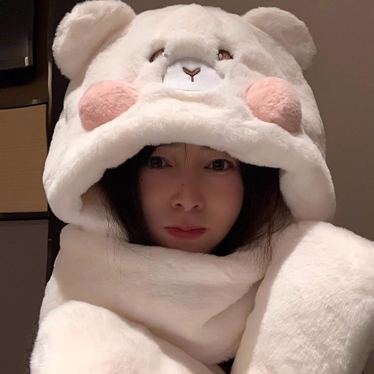 Cute Bear Hat Scarf Gloves One-piece Set for Women In Winter Warmth Plus Velvet Thickened Cycling Cold Proof Scarf