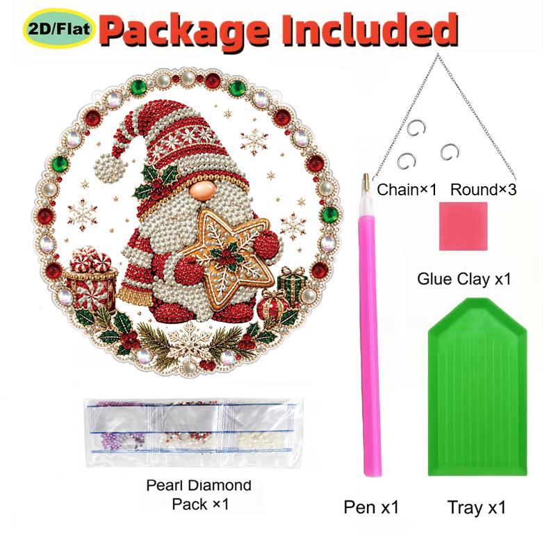 2D Flat Christmas Gnome Pearl Diamond Painting Hanging Ornament, 3D Mixed‑Sized Pearl Beads Craft Acrylic Hanging Kits, 9.72Inch/7.87Inch Two Sizes