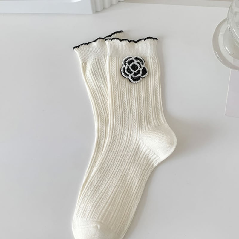 ANGEL SOCKS 1287 Beaded Flower Lace Cotton Socks