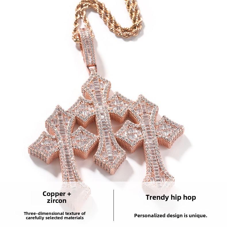 Retro Cross Pendant Men's Necklace with Copper Ladder Square Zirconium