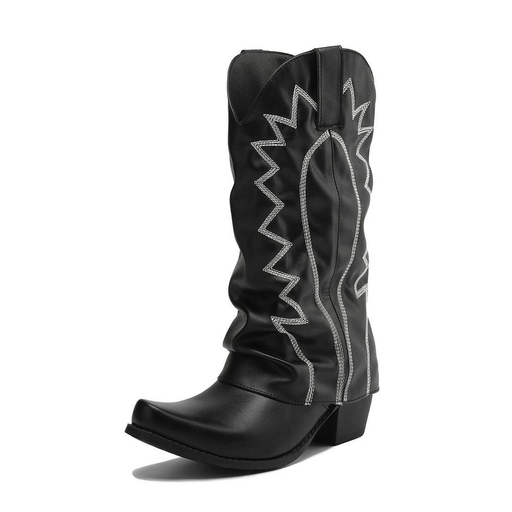 Women's Fold Over Wide Calf Cowboy Boots Embroidery Cowgirl Western Booties Mid Calf Pull On Comfortable Chunky Heels Shoes