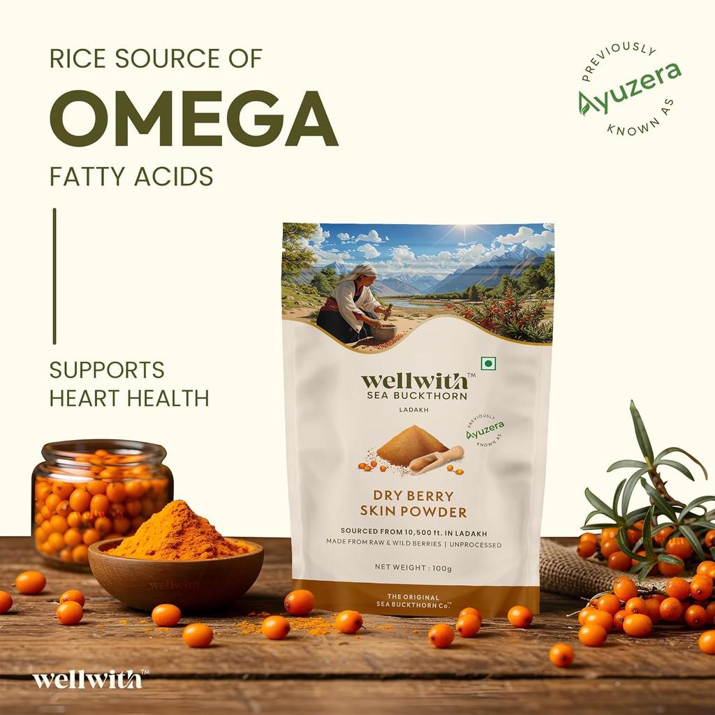 Wellwith By Ayuzera Proszek z Jagód Rokitnika Zwykłego z Himalajów Naturalny Wegański Superfood Bogaty w Omegi Witaminy i Błonnik 100g