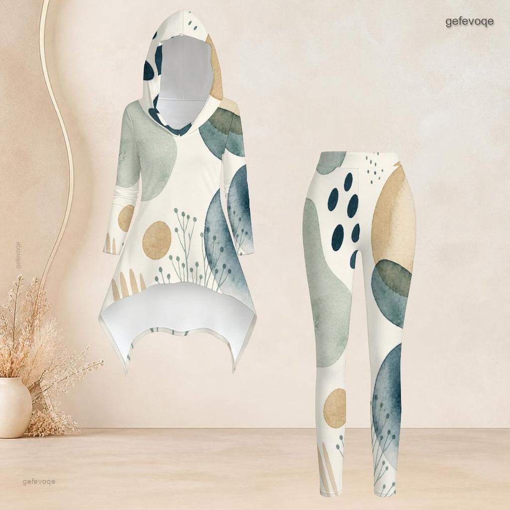 Women Plus Size Hooded Long Sleeve Printed High Low Top Fitted Pants Two Piece Set