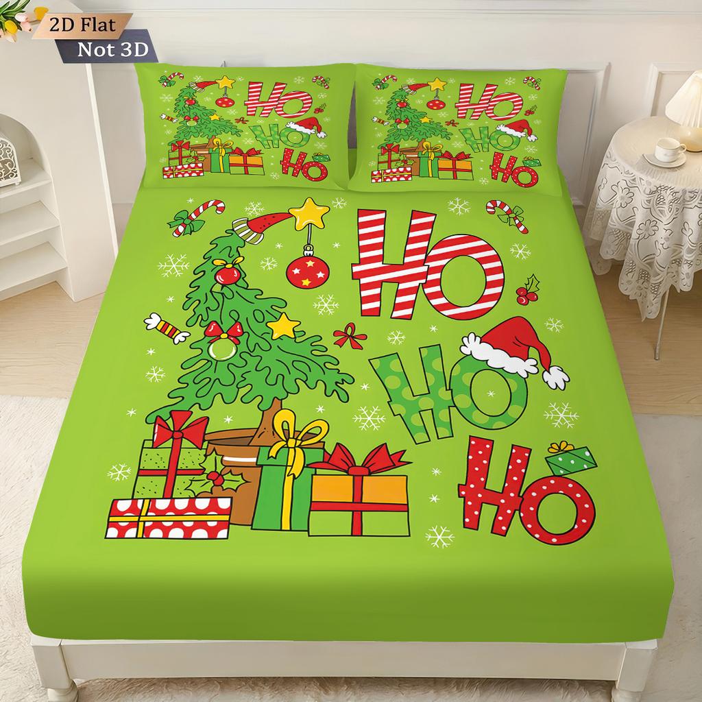 3pcs Merry Christmas HO Green Print Coreless Bed Sheet Set Multi Size Comfortable Bed Cover Bedroom Bedding Holiday Decoration