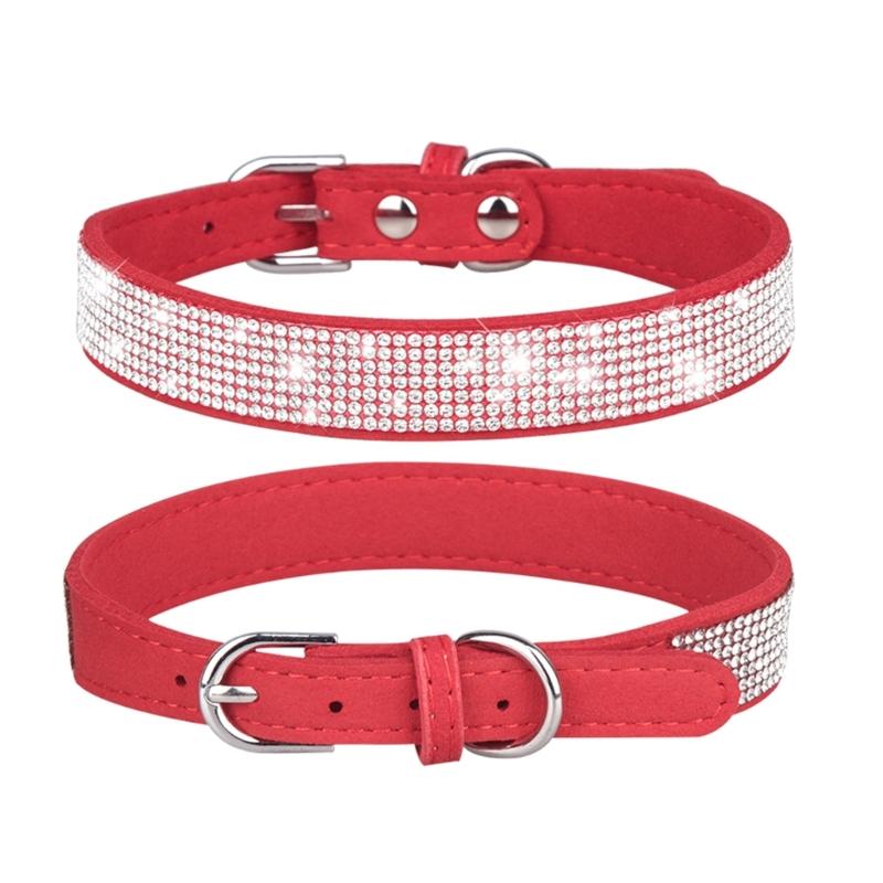 Rhinestones Dog Collar Cute Dazzling Sparkling Soft Suede- Leather Dog for Cat Rhinestones Collar Crystal-DiamondP