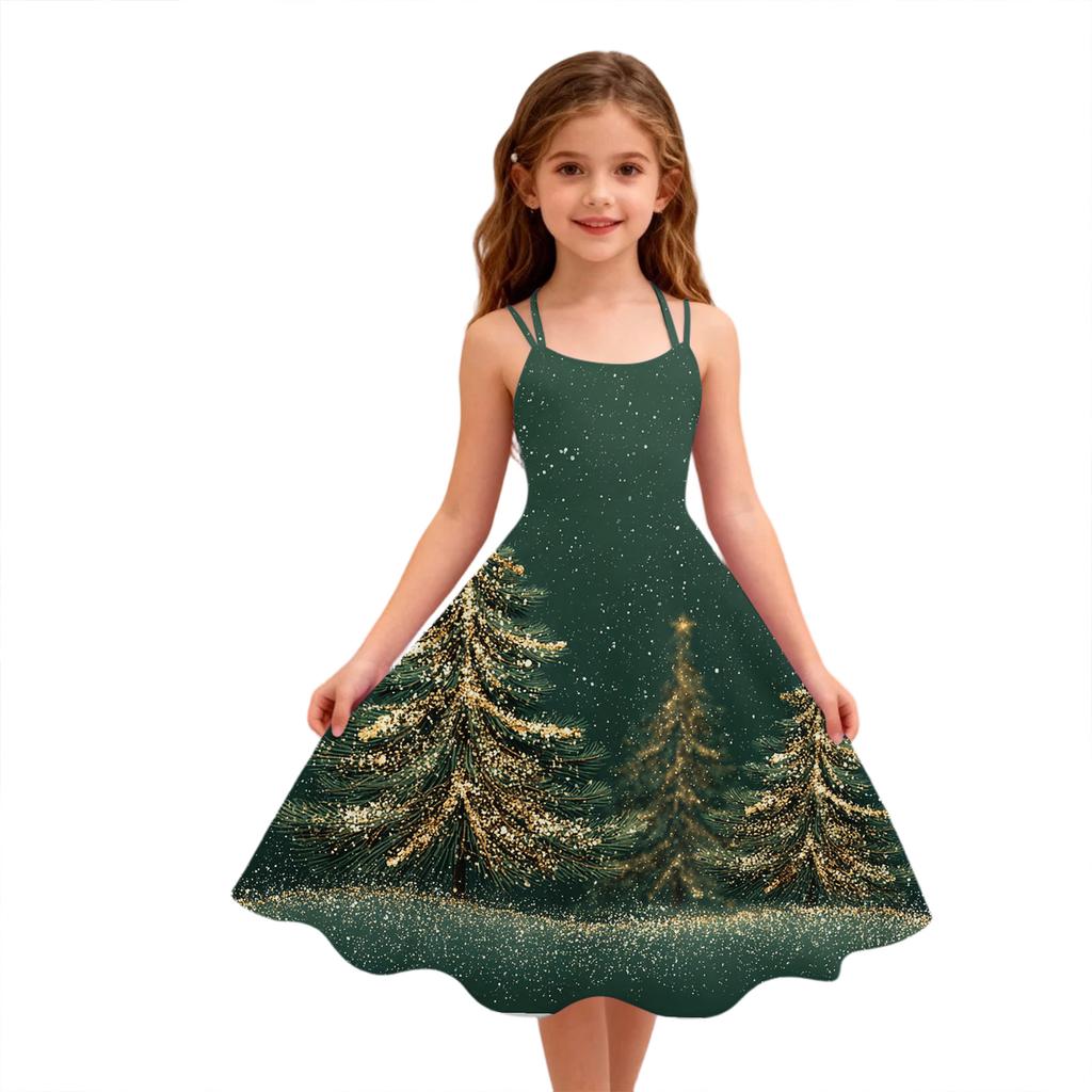 Children's Fashion Casual Christmas Print Sexy Off-the-shoulder Punk Retro Dress
