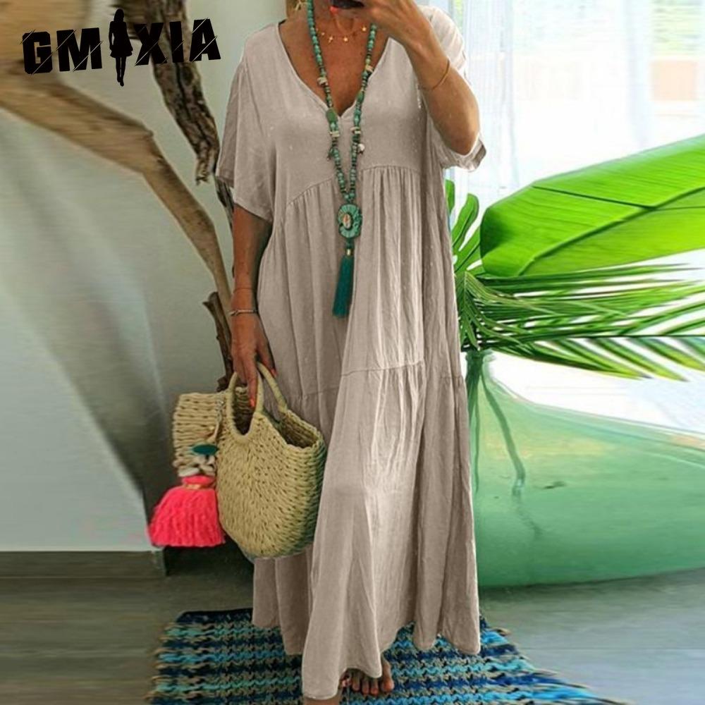 

GMXIA Женское летнее модное однотонное платье с V-образным вырезом больших размеров Свободное длинное повседневное платье с коротким рукавом XXL хаки