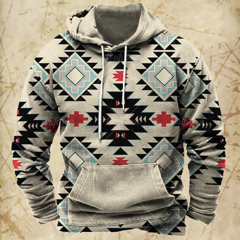 Herren Kapuzenpullover mit Vintage-Print im ethnischen Stil, Herbst und Winter, übergroß, lässige Herrenkleidung, täglicher Straßenpullover
