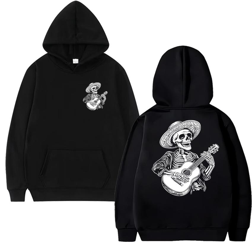 Guitar Player Skull Skeleton Gift Double Sided printed Black streetwear Men women hip hop Casual Hoodies Unisex Fleece pullovers