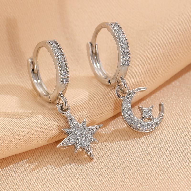 Asymmetric Zircon Pendant Earrings with Stars and Moon, Luxurious Quality Zircon, Trendy Women's Temperament, Daily Accessories