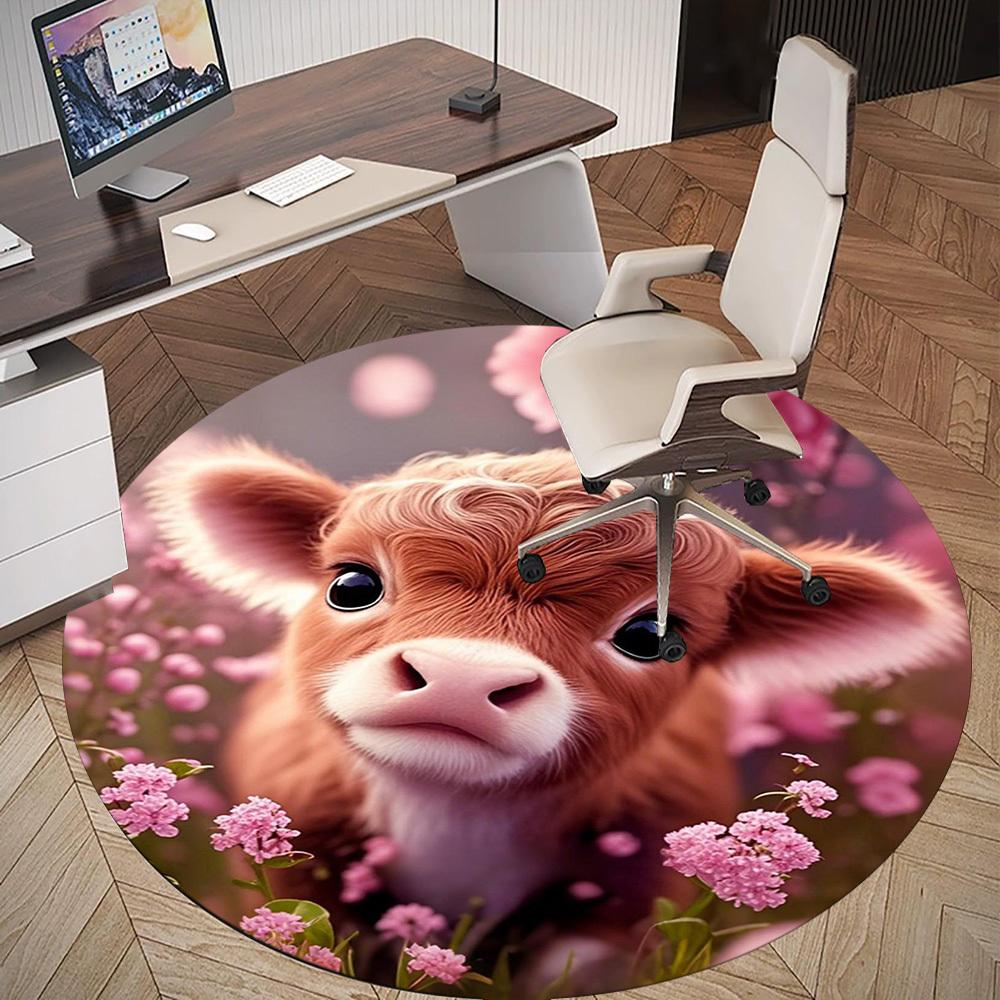 1PC Cow Flowers Pastoral Round Chair Mat Area Rug - Non-Slip, Floor Mat for Office, Bedroom, Home Decor Christmas Gift C0528066