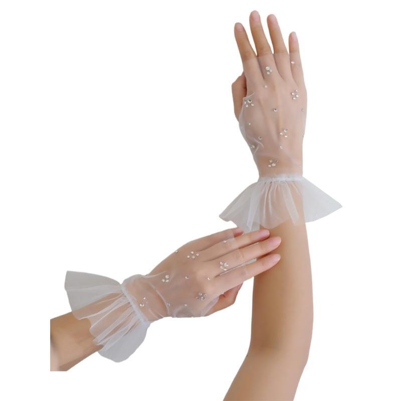

Кружевные перчатки со стразами для тематического мероприятия, женские перчатки для вечернего платья, короткие прозрачные перчатки для невесты, аксессуары для фотосессии белый