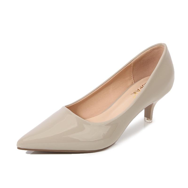 High heels women's pointed head shallow mouth large size single shoes microfiber black medium heel stewardess dress work shoes