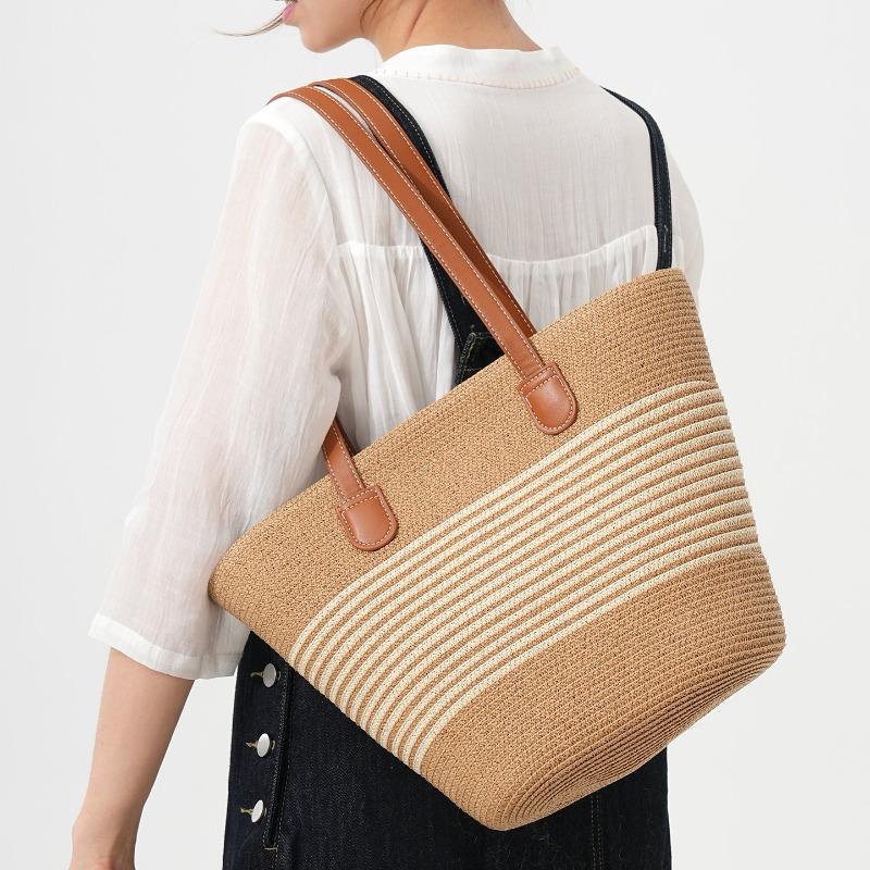 Shoulder Striped Straw Bag Woven Bag Large Capacity Portable Tote Bag Women's Beach Bag Zipper Vintage Woven