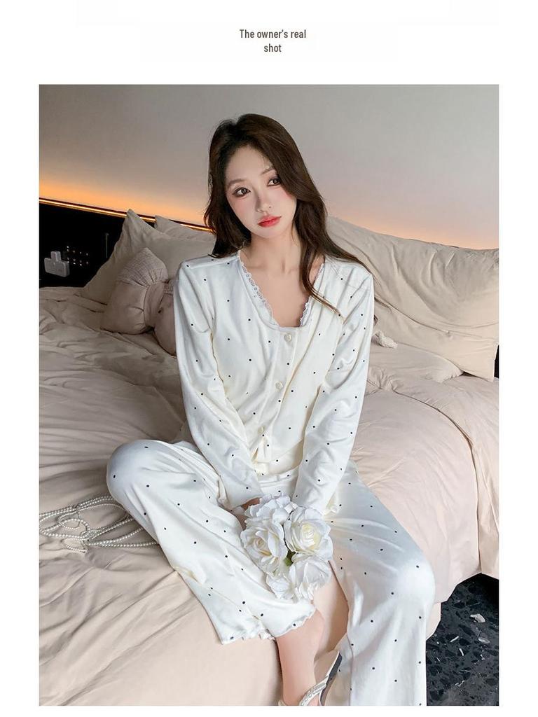 Sea Island Cotton Women's Pajama Set with Chest Pad - Cherry Bow Design for Spring & Autumn Wear Inside or Outside - 2025 Collection