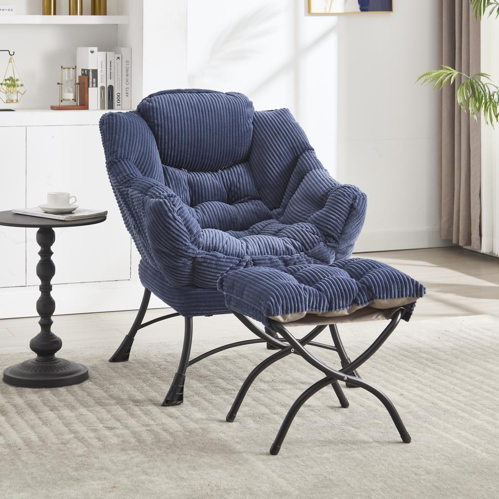 Lazy Chair with Ottoman, Accent Chair with Armrests and Side Pocket, Reading Chair with Footrest for Small Room, Corner Chair-Navy Blue