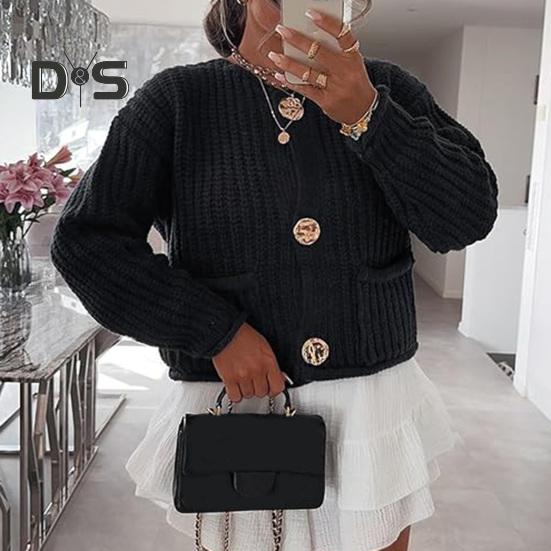 Knit Cropped Cardigan Sweater V-Neck Long Sleeve Buttons Down Loose Fit Sweater Coat with Pockets Solid Color Knitwear