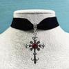 Contemporary Crucifix and Red Gemstones Pendant Necklace Velvets Chain Neckchain Adjustable Choker for Music Festival
