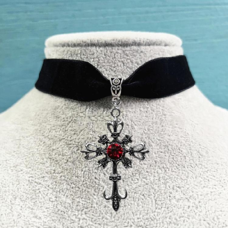 Contemporary Crucifix and Red Gemstones Pendant Necklace Velvets Chain Neckchain Adjustable Choker for Music Festival