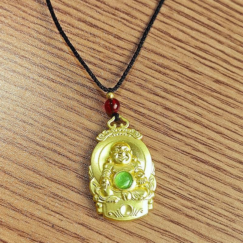 Zinc Alloy Pendant Necklace Auspicious Cloud Decor Border Laughing Monk Statue Charm Jewelry For Daily Wear Gift