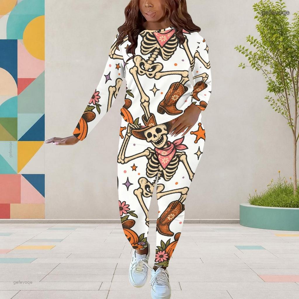 Women Plus Size Round Neck Long Sleeve Skeleton Printed Top Fitted Pants Two Piece Set
