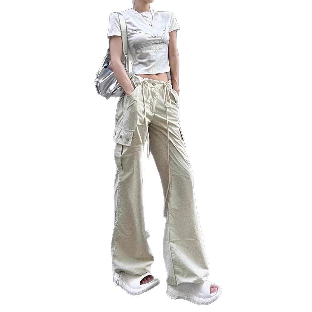 High Waist Women's Straight Leg Parachute Pants with Drawstring - 2025 Casual Niche Design