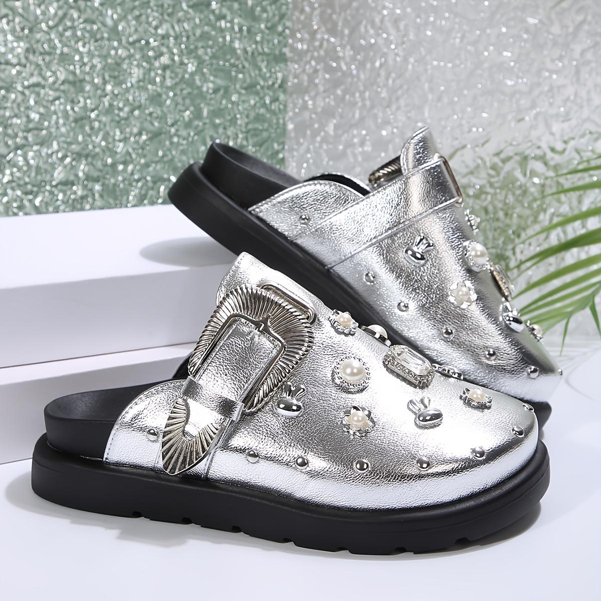 

Women s Retro British-Inspired Platform Mules with Rivet Details - Slip-On, Round Toe, Faux Cover Casual Shoes Size 43