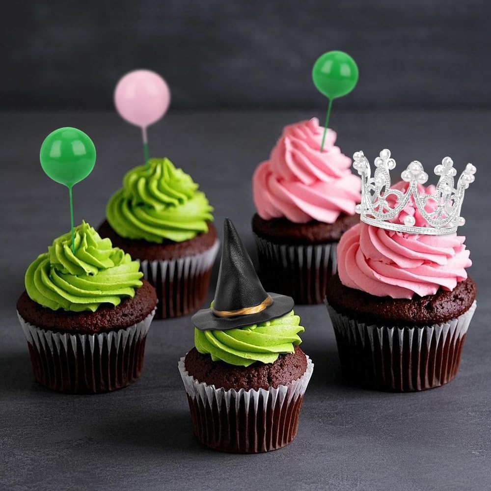 Green and Pink Balls Cake Topper, Silver Crown and Witch Hat Cupcake Topper Decoration for Birthday's Party Decorations