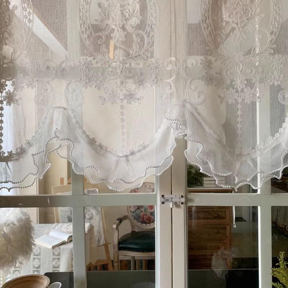 Wavy Edge Beaded Half Yarn Drapes Double Pearls Lace Bottom Floral Short Tulle Drapery  Door