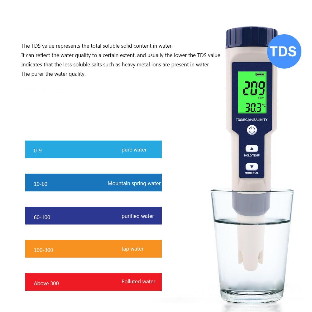 5 In 1 Water Quality Detector TDS EC PH Salinity Temperature Meter Portable Water Quality Tester for Aquariums Pools Spa