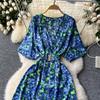 Vintage Elegant V Neck Split Print Short Sleeve Dress Chic Slim A Line Vestidos Summer Vacation Party Women Fashion Dresses