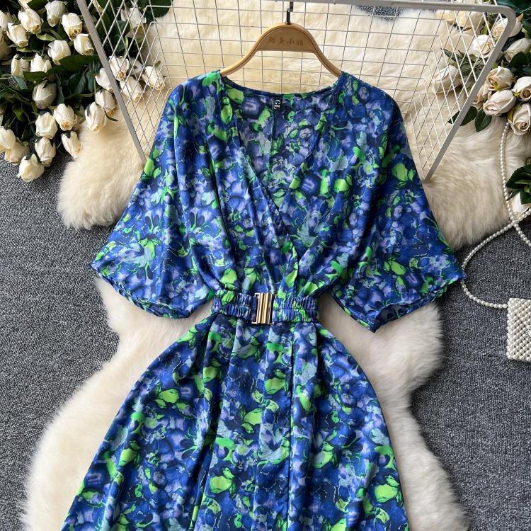 Vintage Elegant V Neck Split Print Short Sleeve Dress Chic Slim A Line Vestidos Summer Vacation Party Women Fashion Dresses