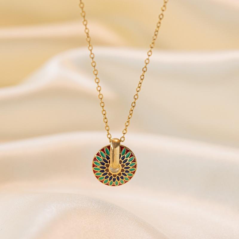 Kolmnsta Colorful Enamel Choker Titanium Steel Pendent Necklace For Women Girl Bohemian Daisy Stud Earrings Handmade Jewelry Set
