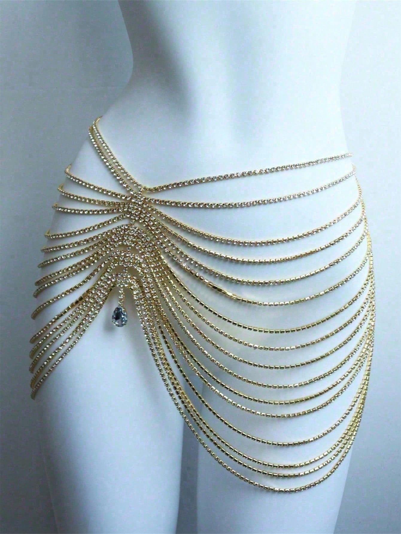 

European And American Personalized Style Fringed Pendant Waist Chain Dance Skirt Body Chain Night Club Super Flash Crystal Body Chain Jewelry золотий