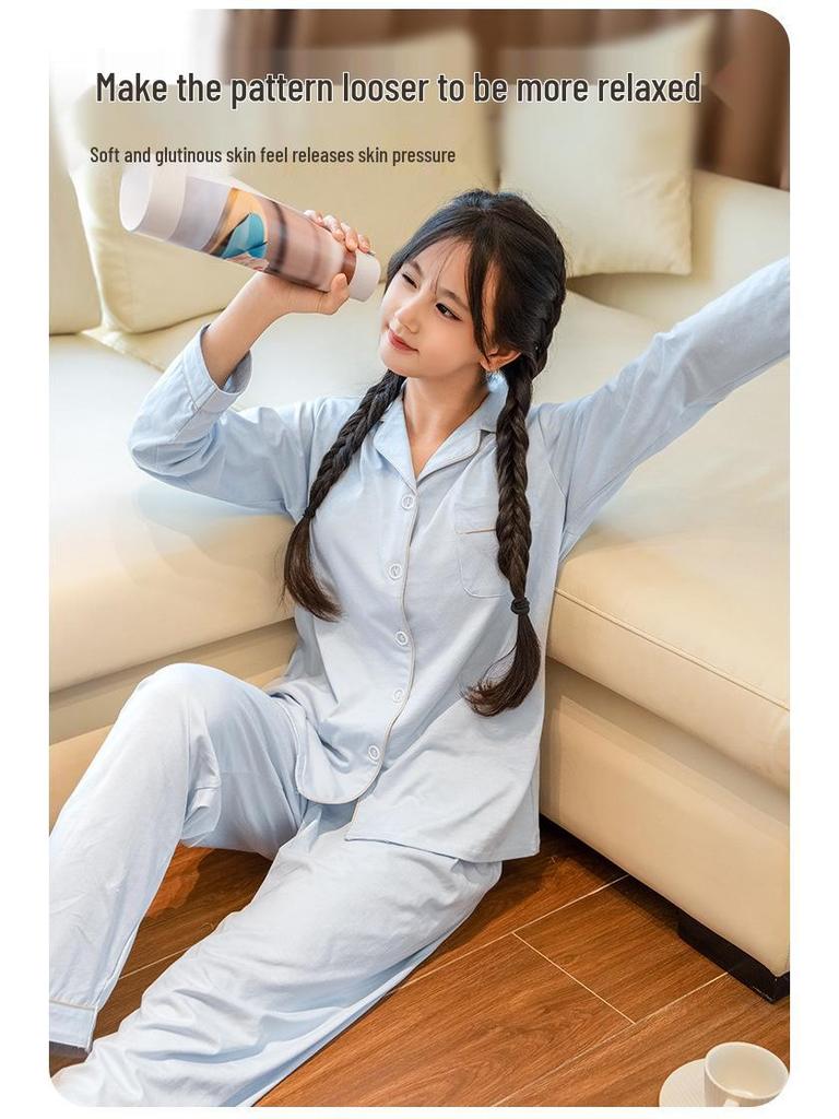 2025 Women's Pure Cotton Solid Color Pajamas - Energetic Girl Autumn/Spring Style, Soft Home Wear