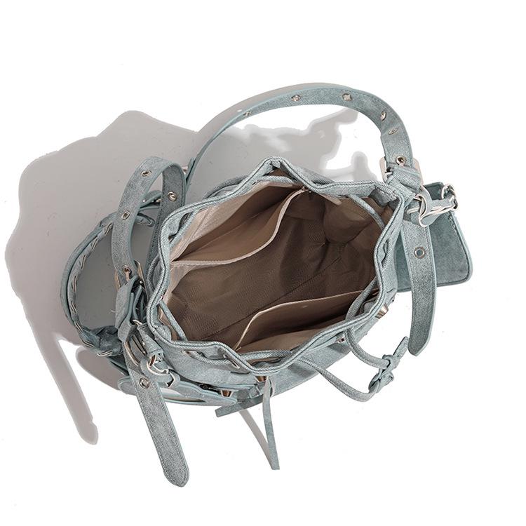 2024 Women's Summer Bucket Bag Set: Fashion Drawstring, Rivet Design, with Wide Shoulder Strap and Messenger Bag.