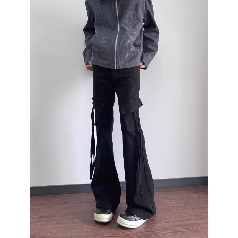Mens Black Vintage High Street Flared Denim Pants Elastic Waist Cargo Jeans Casual Wear