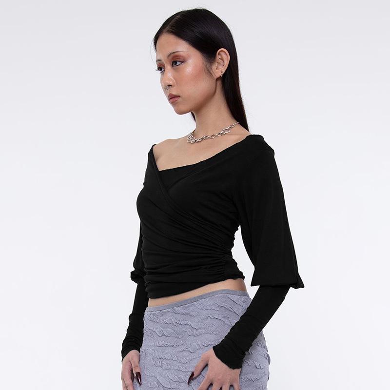 Q25TP254 Versatile Low-Neck Lantern Sleeve Ruched Short T-Shirt for Summer and Autumn