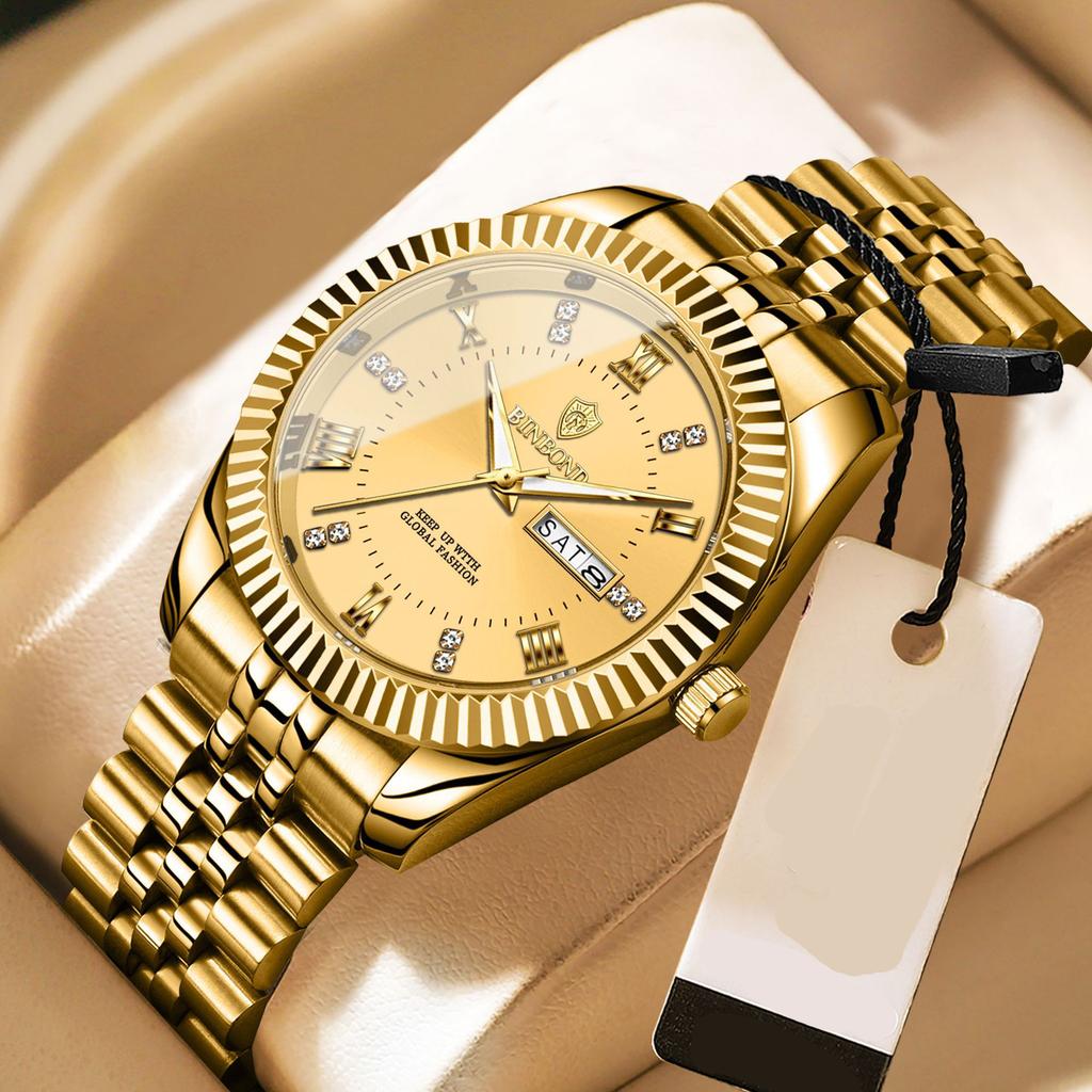Binbond B0756 0756 Men Quartz Movement Watch Stainless Steel Band Auto Date Waterproof Luminous Business Casual Male Wristwatch