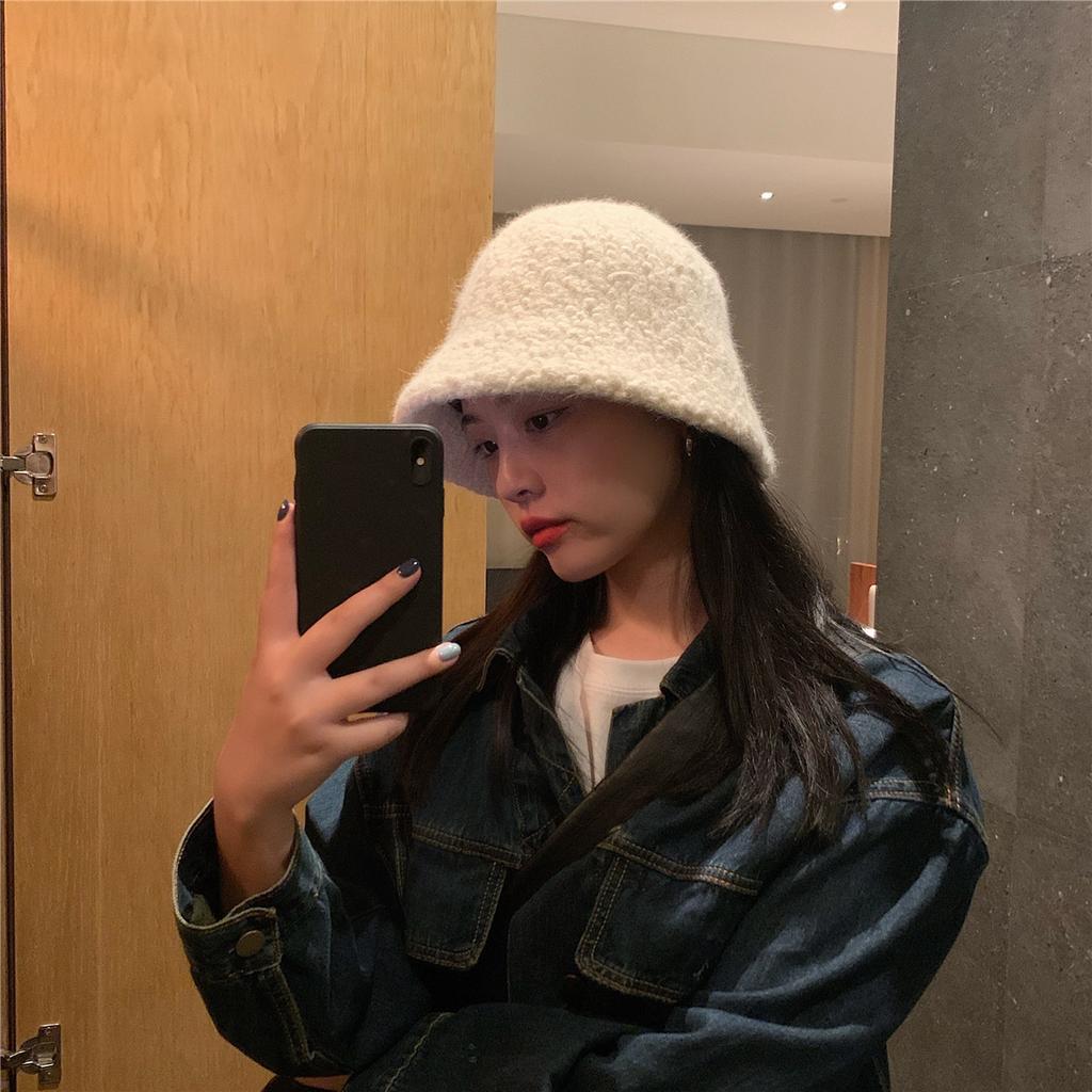 Lamb Wool Versatile Bucket Hat Women's Autumn and Winter Face Small Autistic Hat Retro Ins Thermal Basin Hat
