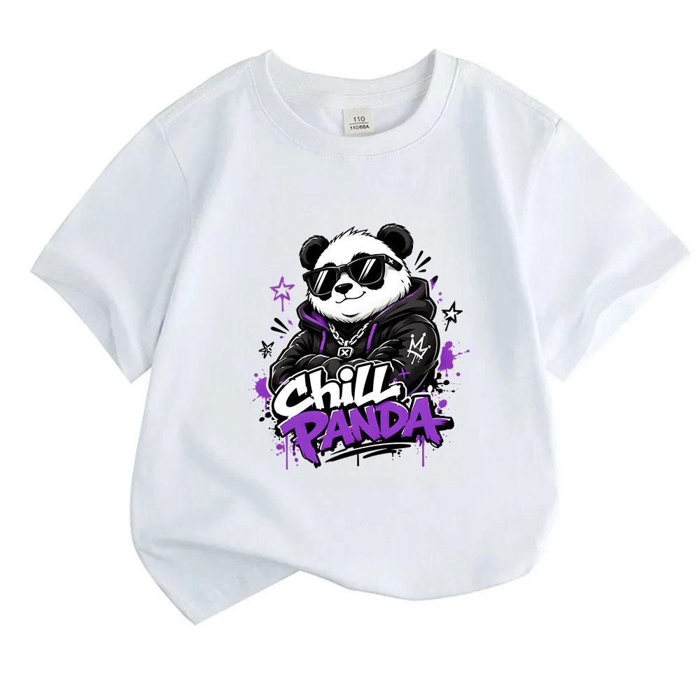 Kids Boys Girls 100% Cotton Crew Neck Short Sleeve T-Shirt, Cool Chill Panda Graphic Tees, Casual Graffiti Style Summer Tops for Children Daily Wear