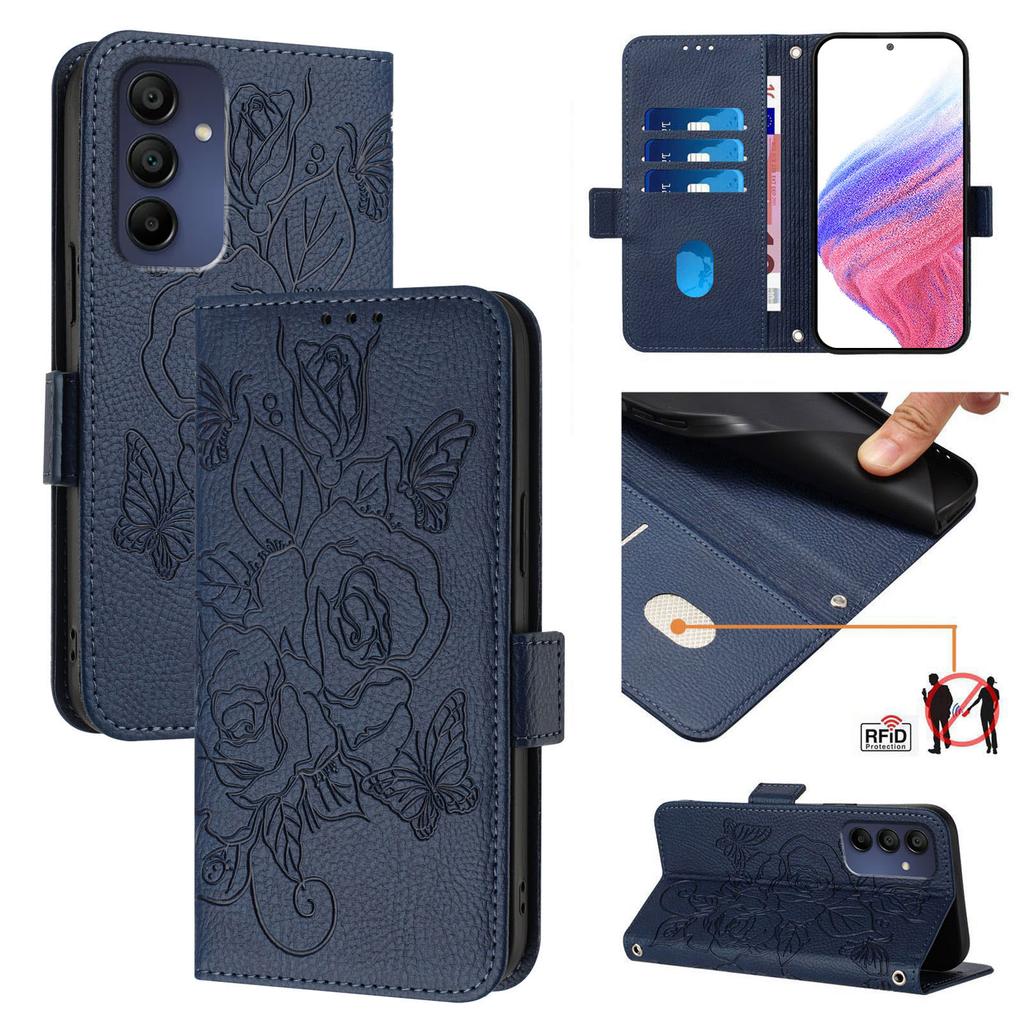 For Samsung Galaxy A16 5G/A16 4G Case Rose Imprinted RFID Blocking Leather Phone Cover with Strap