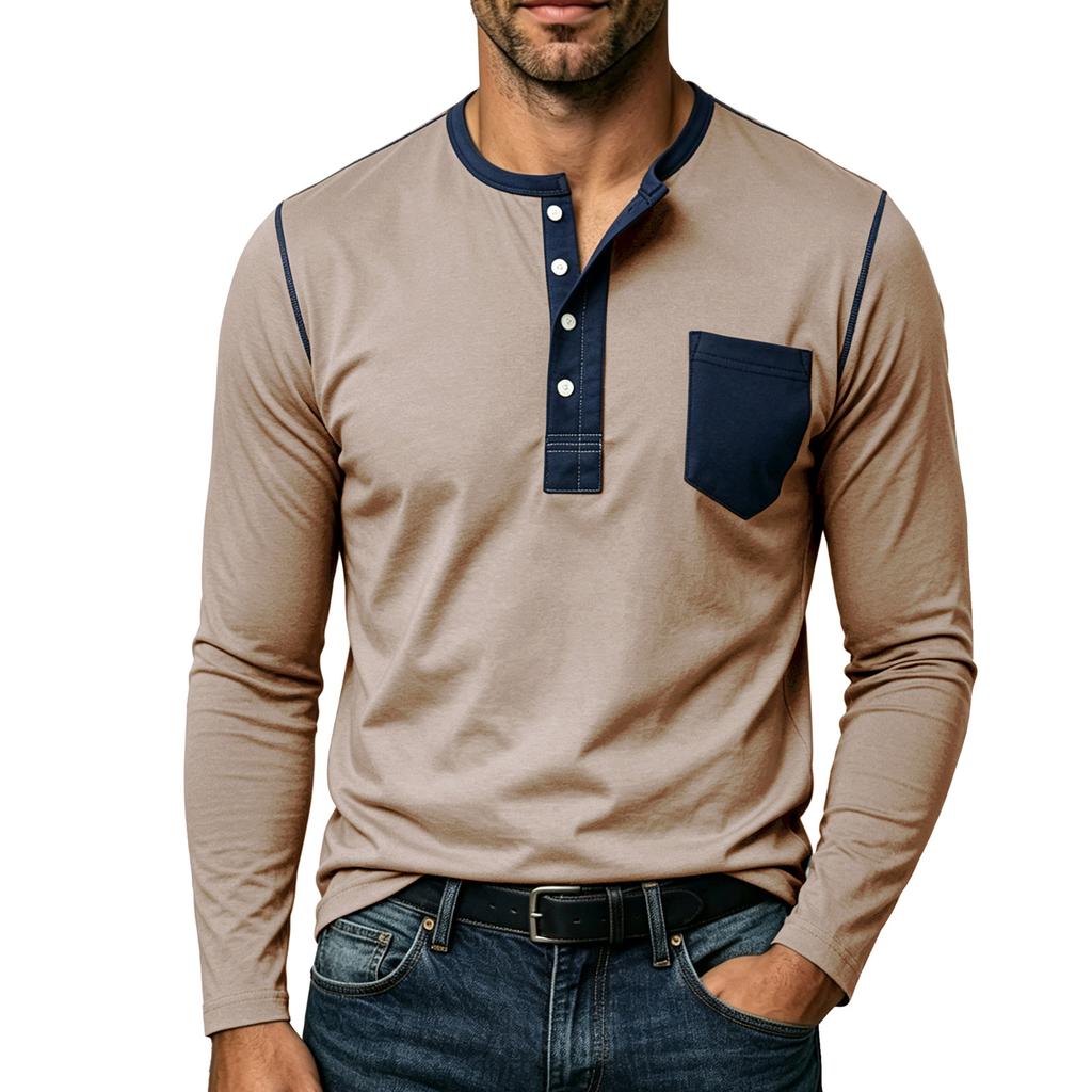 Mens Contrast Color Pocket Long Sleeve Crew Neck Henley Casual T Shirt