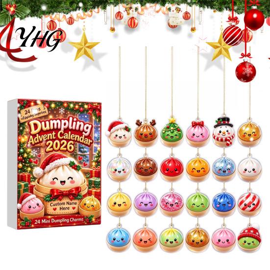 Decorative Hanging Ornaments 24 Day Cartoon Dumplings Advent Calendar 2026, 2D Acrylic Dumpling Christmas Pendants Countdown with Mini Charms