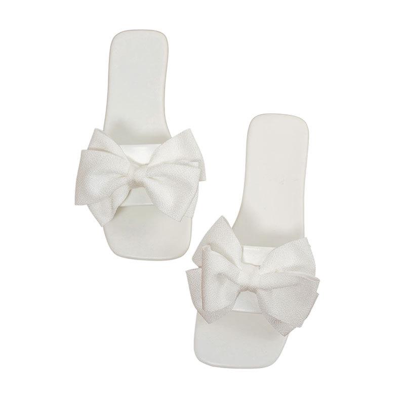 

Женские шлепанцы 2024 года больших размеров с бантом, квадратным носком и низким каблуком - Белые 36 слоновая кость/белый