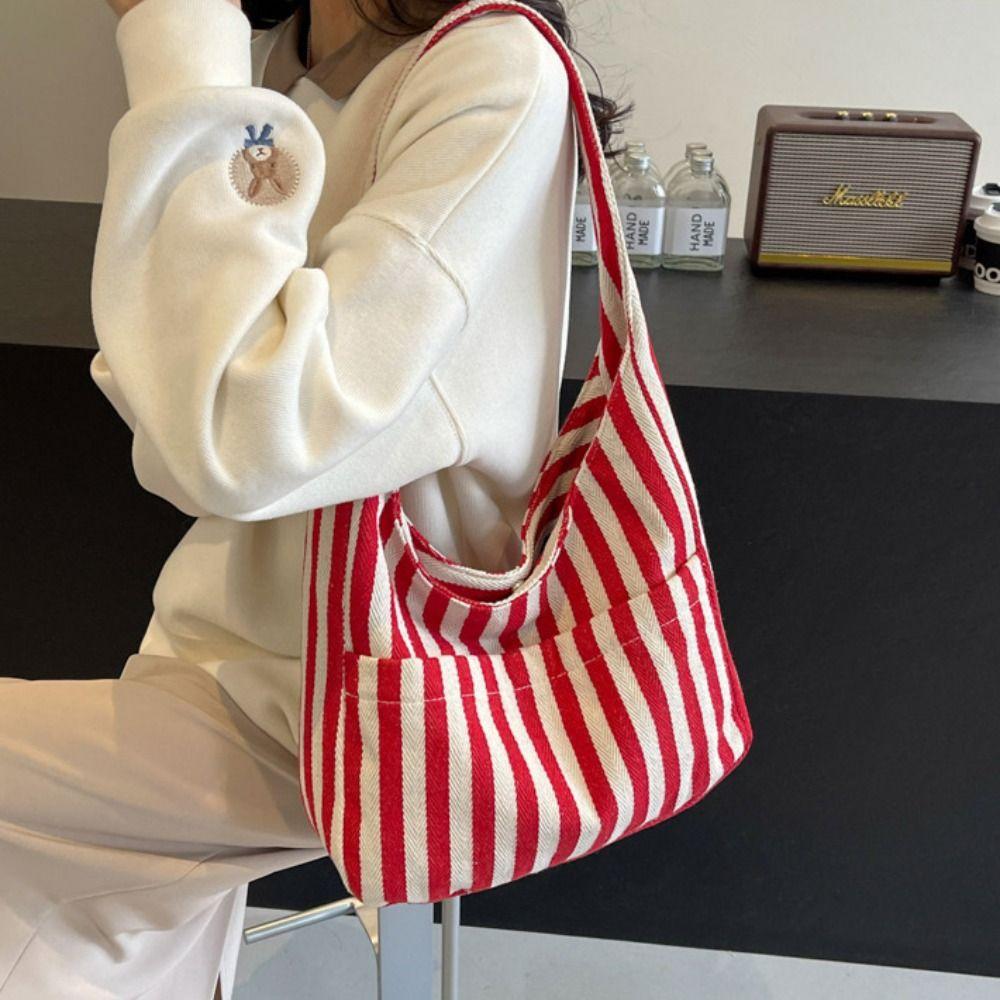 Daily Magnetic Snap Vertical Stripe Bag Tote Vintage Commute Handbag Canvas Shoulder Bag Girls